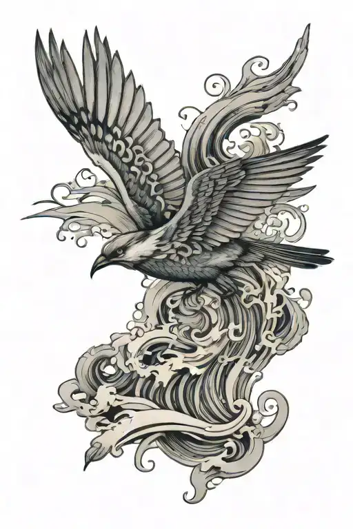 An intricate design of hirondelles flying over a sea of swirling ocean waves tattoo design idea