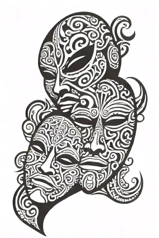 tragedy and comedy mask with filipino tribal patterns tattoo design idea