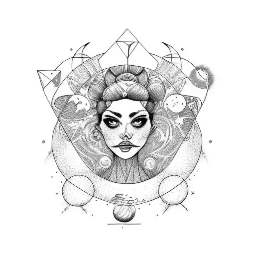 celestial woman with planets and smoke tattoo design idea