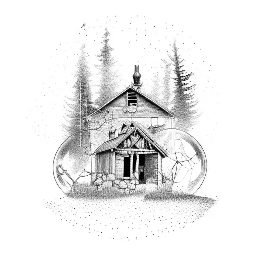 Old farm house in the woods inside a broken light bulb tattoo design idea