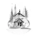 Old farm house in the woods inside a broken light bulb tattoo design idea