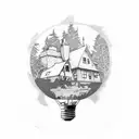 Old farm house in the woods inside a broken light bulb tattoo design idea