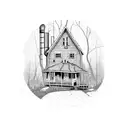 Old farm house in the woods inside a broken light bulb tattoo design idea