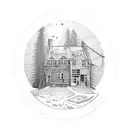 Old farm house in the woods inside a broken light bulb tattoo design idea