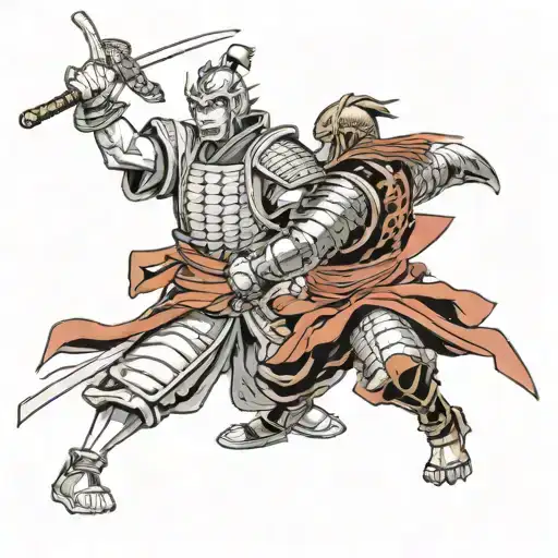 samurai and knight fighting a kappa and oni tattoo design idea