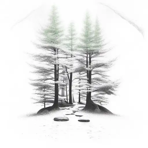 A serene forest scene with a waterfall and hidden hiking trails tattoo design idea