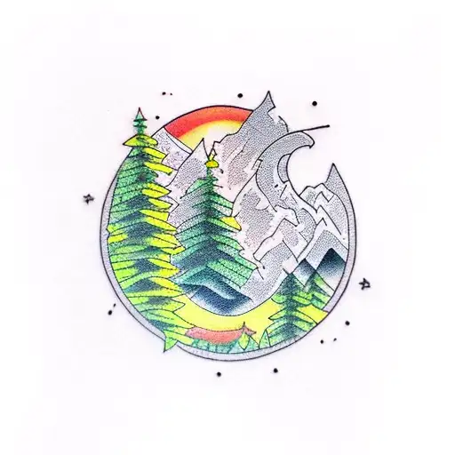 A serene forest scene with a waterfall and hidden hiking trails tattoo design idea