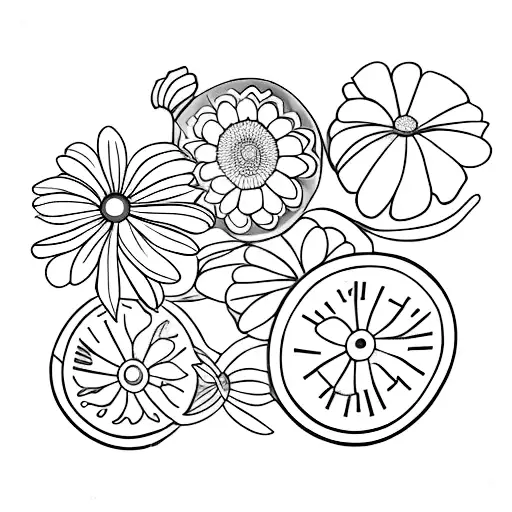 three clocks with Violet  Larkspur and chrysanthemum  Three clocks tattoo design idea
