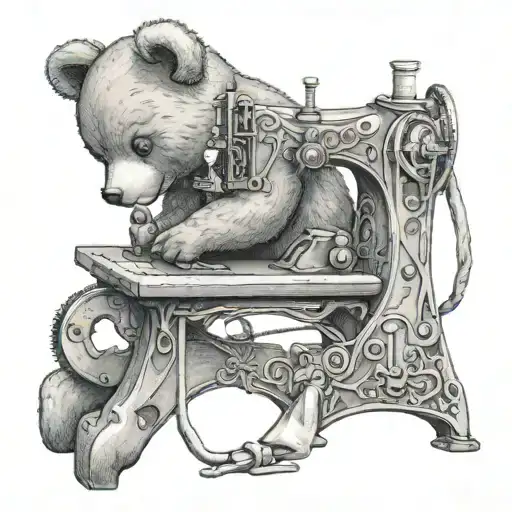 teddy bear on sewing machine sewing a heart   tattoo design idea