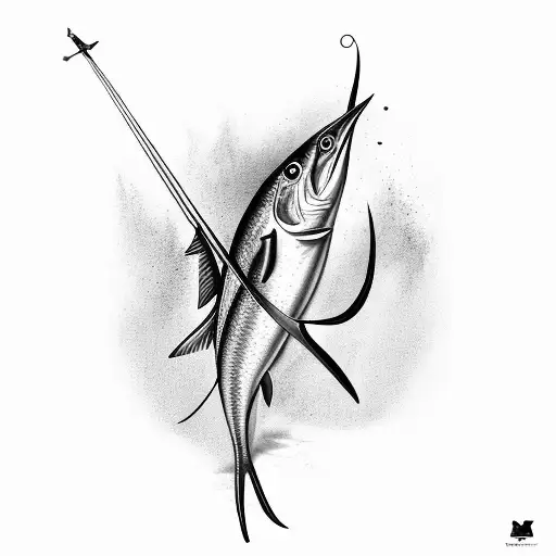 blue marlin fish with a speargun in the ocean tattoo design idea