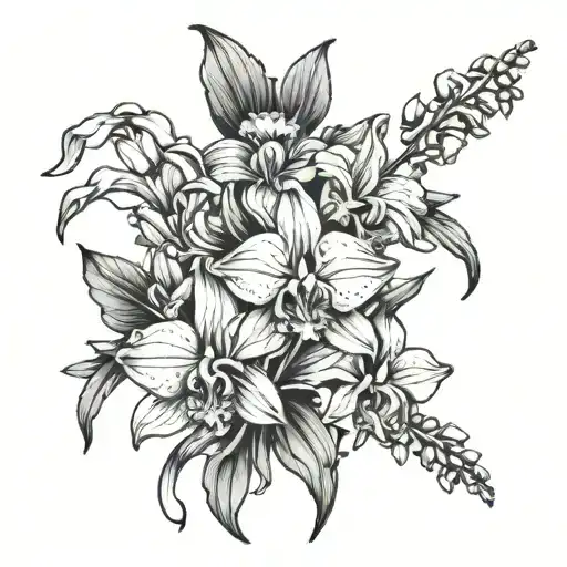 bunch orchid lily violet flower and gladiolus with stem tattoo design idea