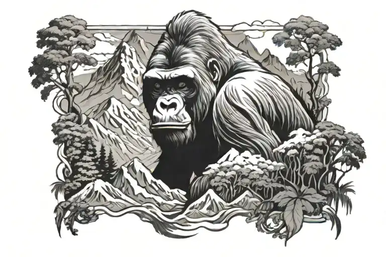 gorilla  misty mountain scenery  tattoo design idea