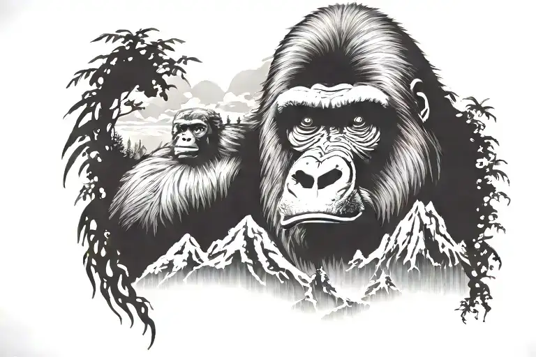 gorilla misty mountain scenery with water fall tattoo  tattoo design idea