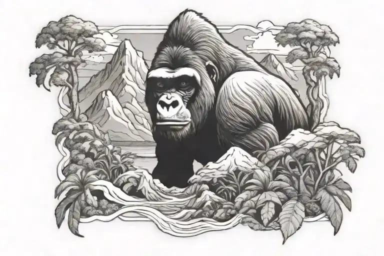 gorilla misty mountain scenery tattoo of a beach tattoo design idea