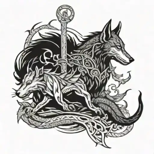 The nordist god Loki, with Jörmugandr the Midgard snake, Fenrir the giant Wolf and Hel the goddess of the deads tattoo design idea