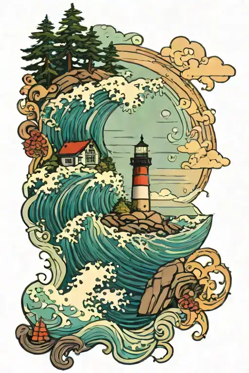 ocean wave merging together to form lighthouse on rocky coast with maine woods in background tattoo design idea