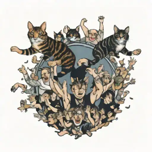 A realistic portrait of a blink-182 concert scene with a cat crowd surfing in the front row tattoo design idea