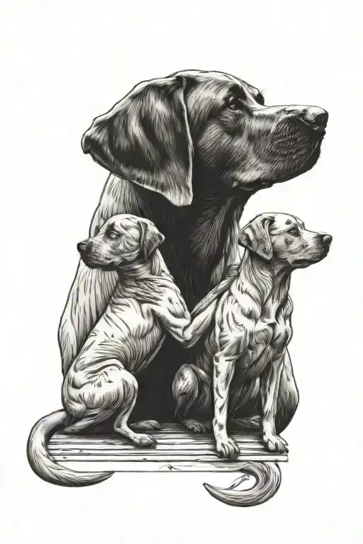 A tattoo of a detailed wood carving of your labs playing with your wife, set against a backdrop of a carpentry workshop tattoo design idea