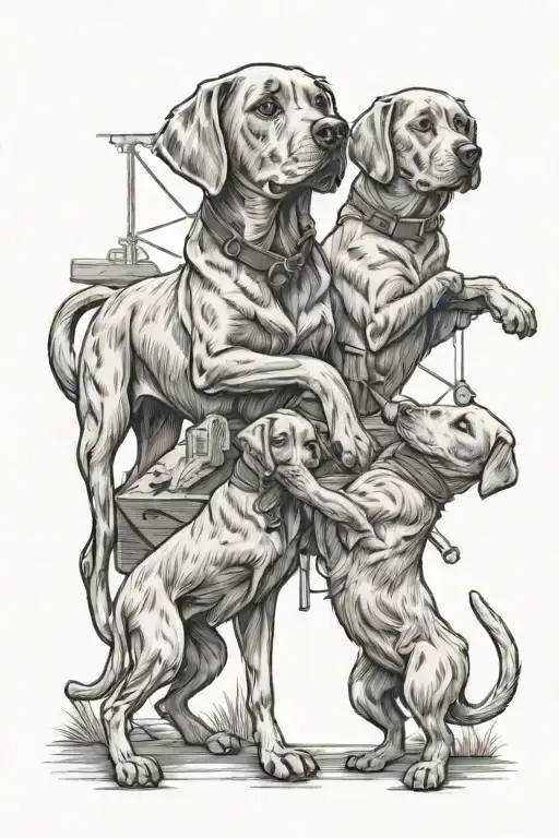 A tattoo of a detailed wood carving of your labs playing with your wife, set against a backdrop of a carpentry workshop tattoo design idea
