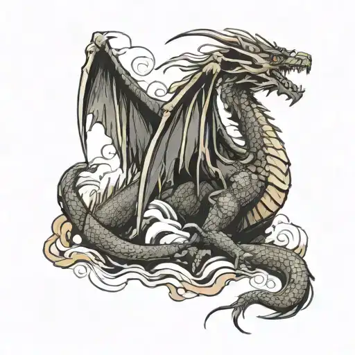 dragon gripping the rocky grounds with its claws and he is holding on the tail of a flying phoenix bird tattoo design idea