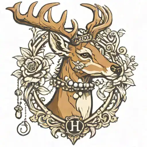 Deer wearing a necklace with the letter H tattoo design idea