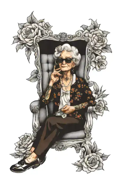 American tradition tattoo of an old lady sitting in a chair while she is wearing sunglassess with flower accents tattoo design idea
