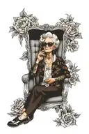 American tradition tattoo of an old lady sitting in a chair while she is wearing sunglassess with flower accents tattoo design idea
