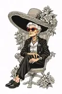 American tradition tattoo of an old lady sitting in a chair while she is wearing sunglassess with flower accents tattoo design idea