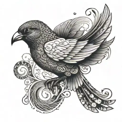 A bird with wings morphing into swirling hurricane patterns in dotwork style tattoo design idea