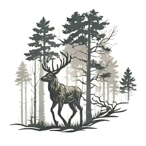 An abstract silhouette of a deer running through a forest, incorporating electrical pole elements to represent the lineman occupation tattoo design idea