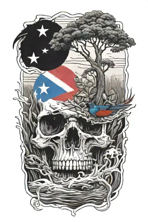 skull half under water, with tree, and raven watching, coqui frog, and Puerto Rican flag  tattoo design idea