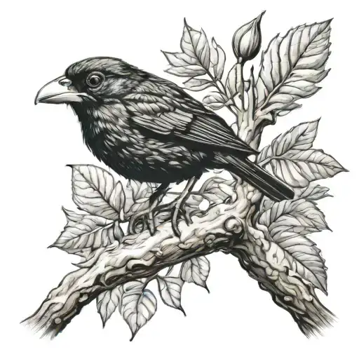 black bird sitting on tree branch next to a frog tattoo design idea