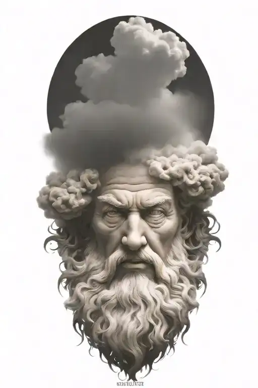 zeus face raging storm clouds and hour glass tattoo design idea