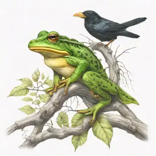 frog sitting next to  raven sitting on tree branch together  tattoo design idea