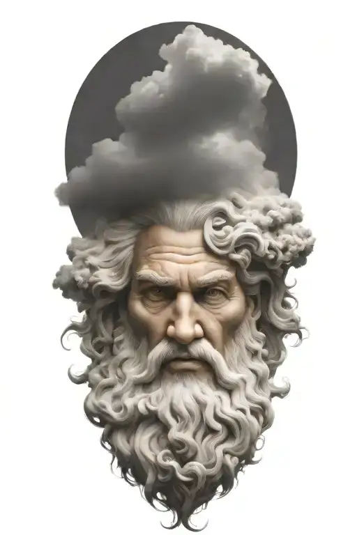 zeus face raging storm clouds surrounding, his hand holding an hour glass  tattoo design idea