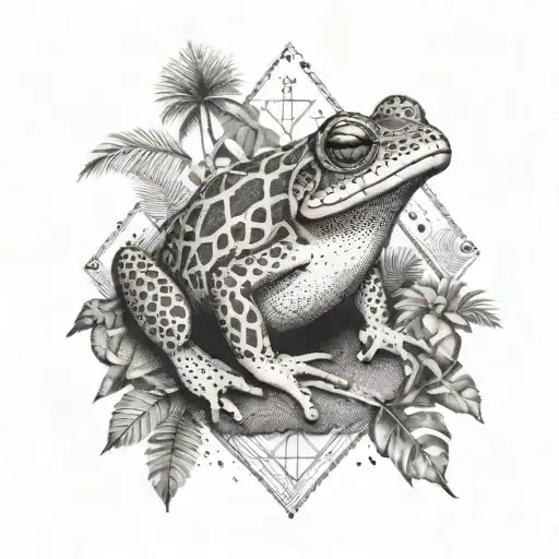 A geometric representation of a Coqui frog surrounded by tropical trees and beach elements in a dotwork style tattoo design idea