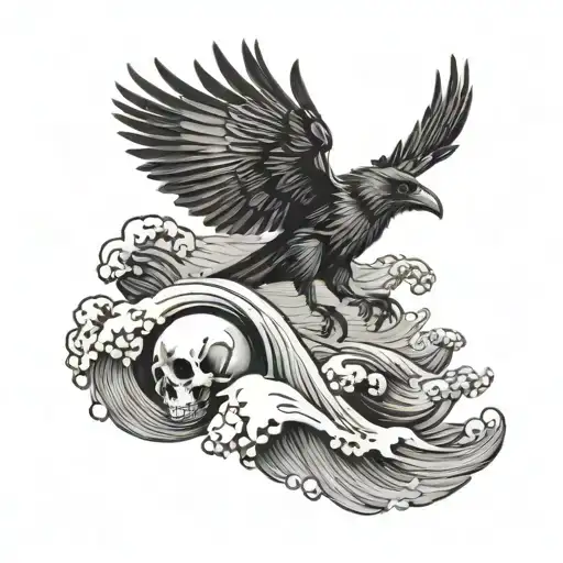 A black and grey tattoo of a raven perched on a skull emerging from the ocean, with waves crashing around them tattoo design idea