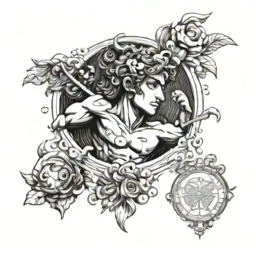 A tattoo design combining the Greek god Apollo with elements of anime, symbolizing a fusion of ancient mythology and modern pop culture tattoo design idea