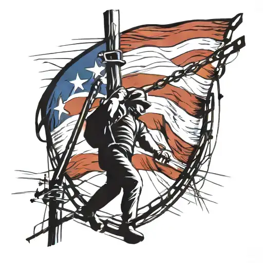 A stylized Puerto Rican flag with a silhouette of a lineman working on a power line in the background tattoo design idea