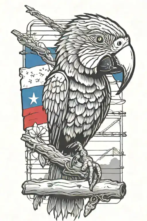 A colorful macaw perched on a branch with power lines in background add Puerto Rican flag, more detail in bird tattoo design idea