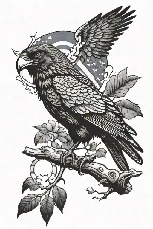 A combination of a raven and owl perched on a tree branch, with the Puerto Rican flag waving in the background tattoo design idea