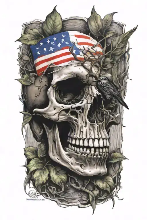 skull half under water, with tree,, coqui frog, and Puerto Rican flag l, add raven on tree tattoo design idea