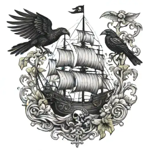 An intricate design of intertwining trees forming a pirate ship, with the coqui frog and black raven as the figurehead tattoo design idea