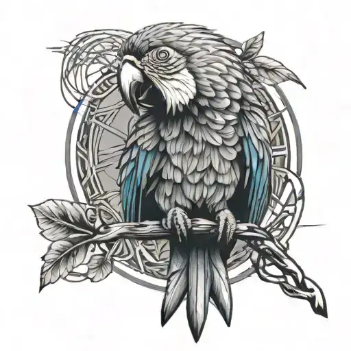 A colorful macaw perched on a branch with intricate power line patterns weaving through the design tattoo design idea