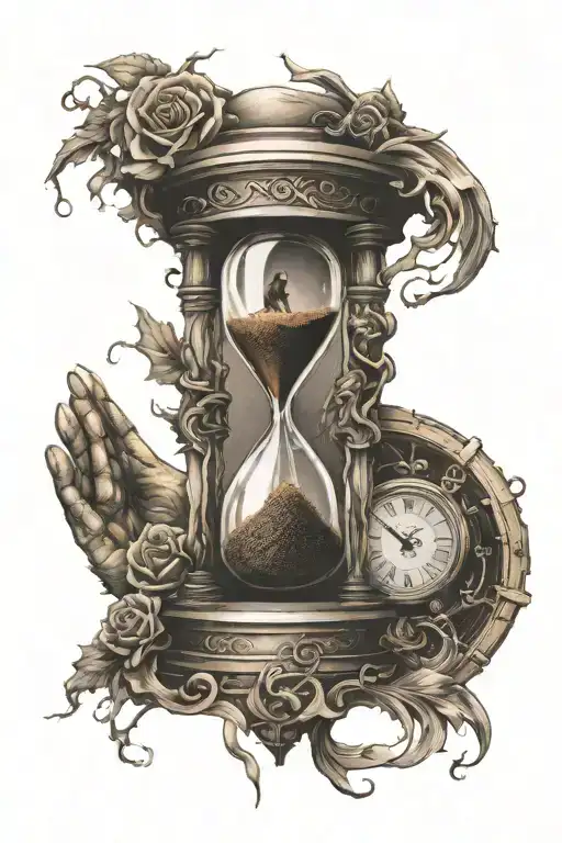 An intricate hourglass held in a pair of hands, representing the passage of time and the balance between life and death tattoo design idea