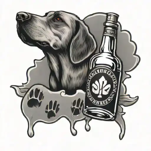 A tattoo design of a bottle of alcohol with a dog's paw print on it, symbolizing the client's love for dogs and their favorite drink, executed in a black-grey style for a bold look tattoo design idea