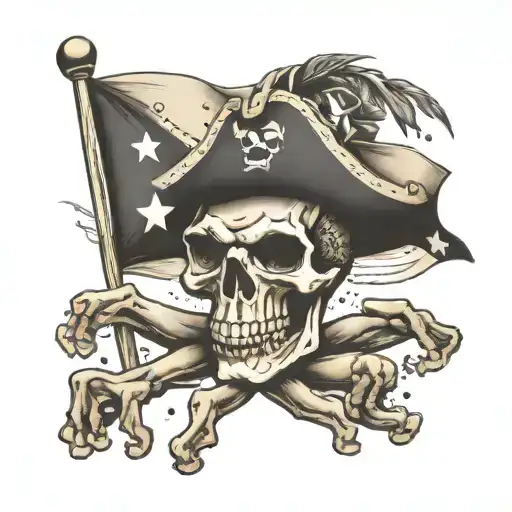 A pirate captain's skull and crossbones flag with a coqui frog sitting on top, set against a beach backdrop tattoo design idea