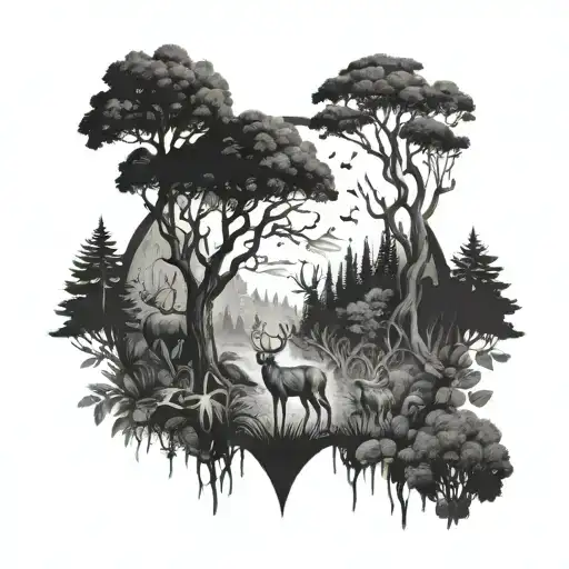 A mystical forest landscape with deer and other wild animals, with Puerto Rican symbols hidden within the trees and foliage tattoo design idea