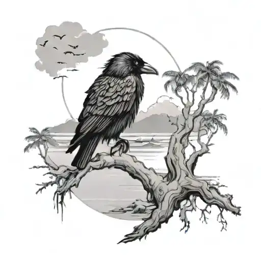 A mystical island with a lone black raven perched on a tree overlooking the beach tattoo design idea