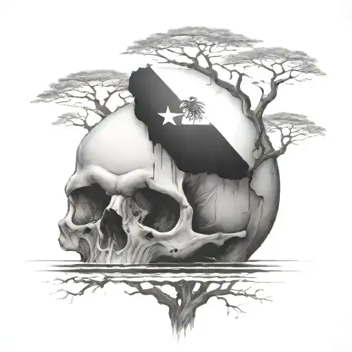 make tree growing out of skull, add Puerto Rico flag, add mystical tropical island  tattoo design idea